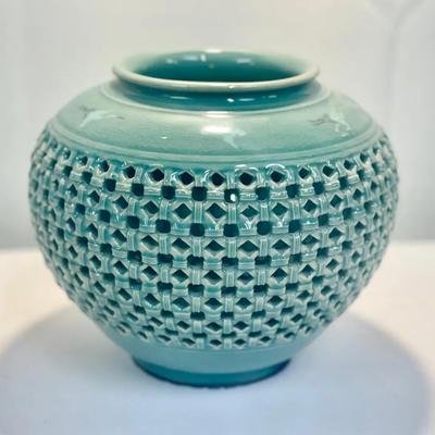 Korean Celadon Double-Wall Reticulated Vase Signed