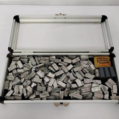 3.5 lbs Assorted Vintage Metal Printer’s Type Blocks with Case & Accessories