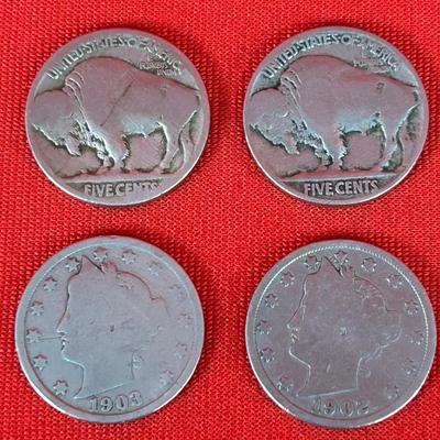 Lot of 4 Vintage U.S. Liberty Head “V” and Buffalo Nickels – 1902, 1903, Early 1900s