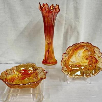 Marigold Carnival Glass Bowls & Swung Vase! 