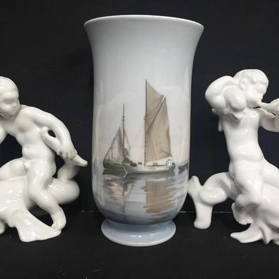 Royal Copenhagen Porcelain Collection – Pair of Putti on Dolphins & Nautical Vase