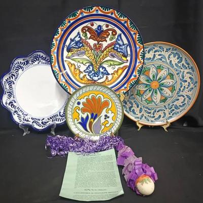 International Decorative Plate Collection with Cascarón Ornament – Talavera, Gouda, and Majolica 