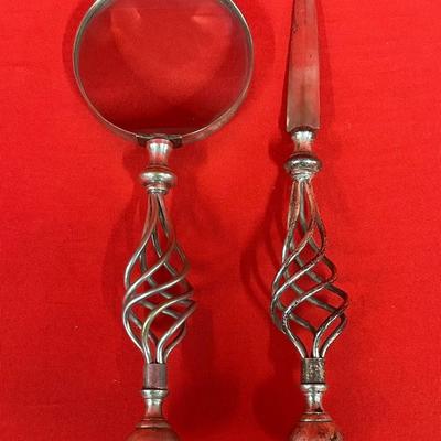 Sheffield  Silver-Plated Magnifying Glass & Letter Opener Set Twisted Cage Handles, England