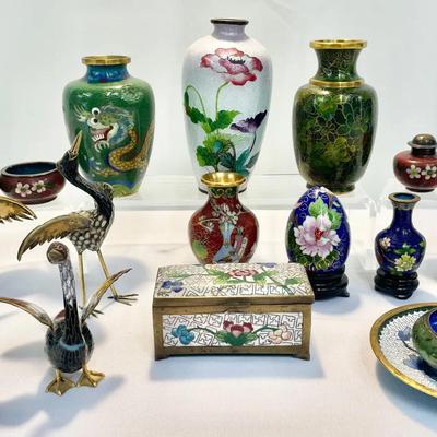 Collection Of Chinese Cloisonné Figurines, Vases And Decor