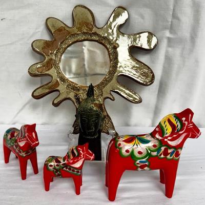 Dala Horses, Ceramic Sunburst Mirror & Buddah Head Statue 