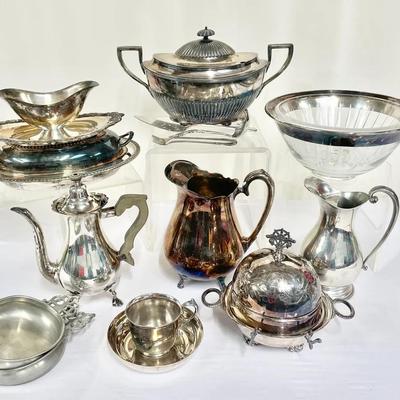 Silver Plated Dining Ware w/Pewter and Glass Accents