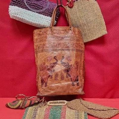 Large Tooled Satchel & Other Natural Material Bags