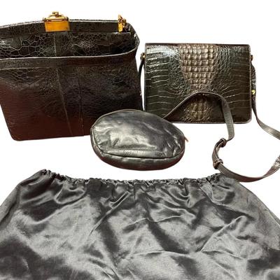 Black Crocodile Skin Shoulder Bag & Leather Handbag