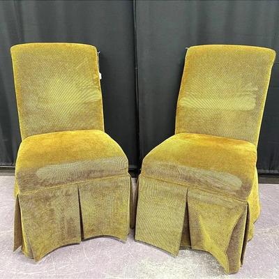 Pair of Thompson Designs Inc Vintage Olive-Green Skirted Parsons Chairs