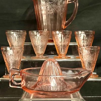 Jeannette Cherry Blossom Pink Depression Glass Tumblers, pitcher Set + Sunkist Citrus Juicer!