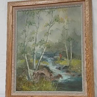 Landscape Painting by Lupe Crown – Stream and Solitary Wanderer