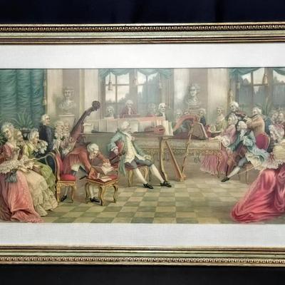 Rococo Parlor Scene Print – “The Music Salon” (Early 20th Century Lithograph on Textured Paper)