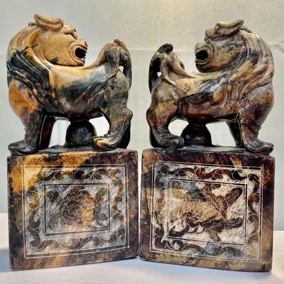 (2) Carved Stone Bookends With Foo Dogs