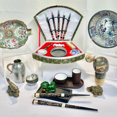 Asian Decorative & Functional Collection – Porcelain, Brass, and Calligraphy Set