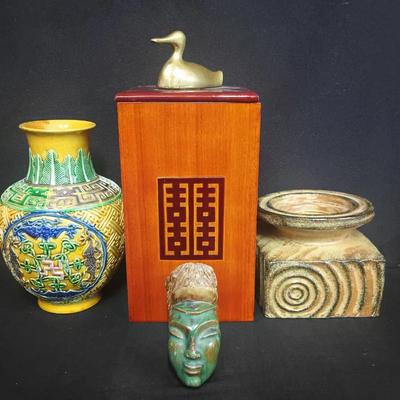 Asian-Inspired Decorative Ensemble – Glazed Vase, Buddha Mask, Modernist Box with Brass Duck Finial 