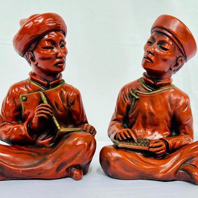 1958 Universal Statuary Corp Asian Scholar Figures – Pair of Mid-Century Cinnabar (?) Statues