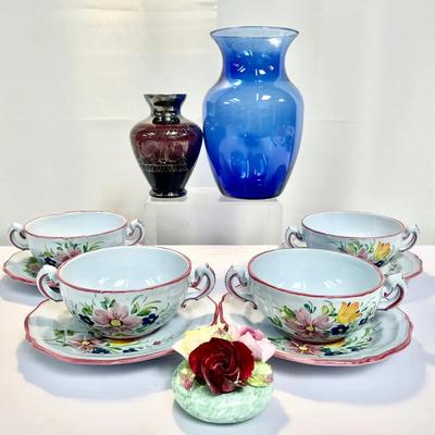 Glass Vases, Bone China & Floral Bowl Set