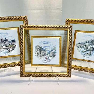 (3) Framed Artwork On Tile - Historic French Chateaus 