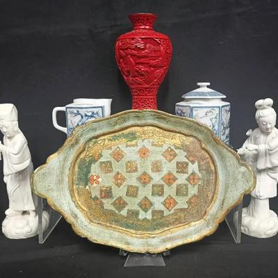 Assorted Asian Decorative Art Collection – Including Cinnabar, Blanc de Chine, and Capodimonte Tray