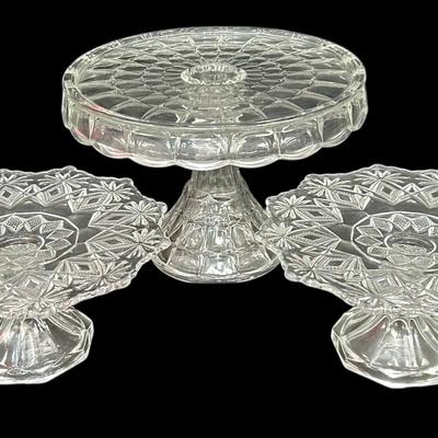 Trio of Vintage Pressed Glass Pedestal Cake Stands – EAPG “Daisy & Button” and Diamond Cross Pattern