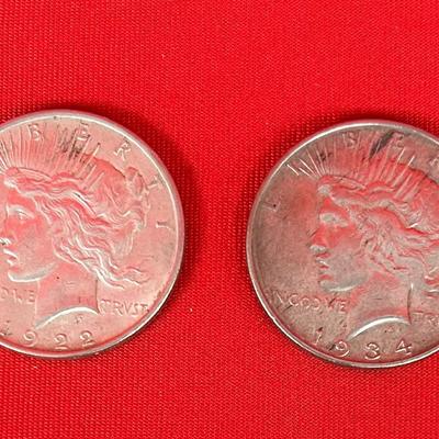 Pair of Peace Silver Dollars – 1922 & 1934 – 90% Silver U.S. Coins