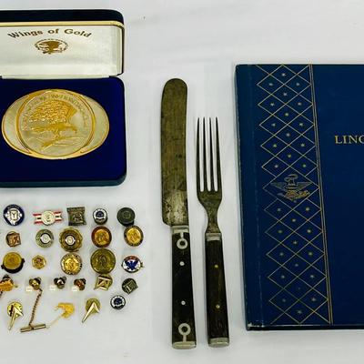Civil War Dinner Knife, Lincoln Cent Album, 1930s Boxing Pins & “Wings of Gold” Buckle