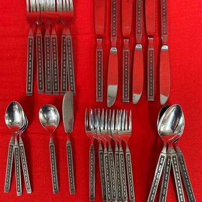 28-pc Set Mid-Century Modern Stainless Flatware – Double-Sided Geometric Design, Made in Japan