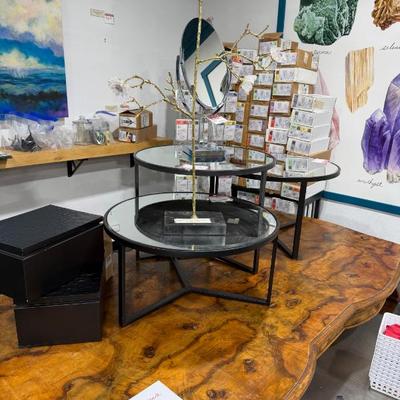 metal and glass round coffee tables and vintage burl wood dining table