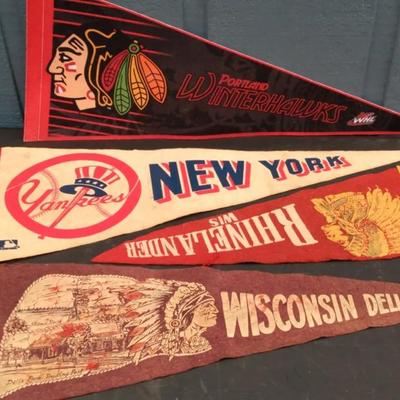 Vintage Sports & Souvenir Pennant Collection – Yankees, Winterhawks, Rhinelander, Wisconsin Dells
