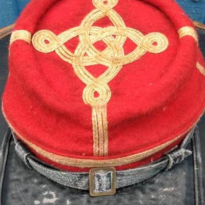 Vintage Red and Gold Kepi-Style Military Cap – CSA Button Detail
