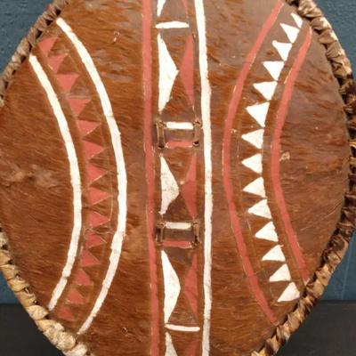 Handcrafted Tribal Hide Shield with Painted Geometric Design