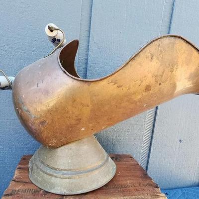 Antique Brass and Porcelain Fireplace Coal Scuttle – Dutch Style Ash Bucket
