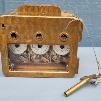 Vintage Gold-Tone Triple Dial Time Clock Meter Box with Key – Provenance from Kelso, WA City Hall
