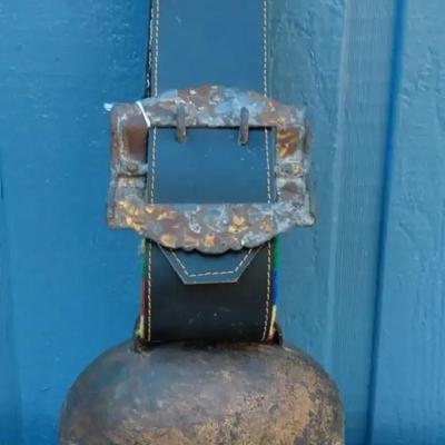 Large Antique Iron Cow Bell with Strap & Buckle – 19” Tall Rustic Farm Décor

