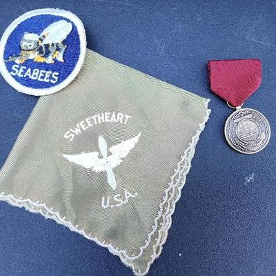 WWII Military Memorabilia Lot – Seabees Patch, Sweetheart Handkerchief & Medal
