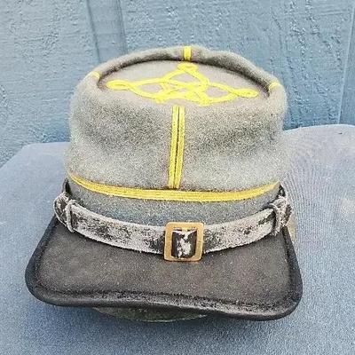 Vintage Civil War-Style Kepi Hat with Yellow Trim and Embroidery
