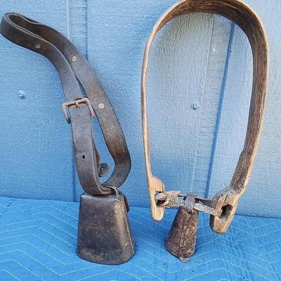 Pair of Vintage Cowbells with Leather and Wood Straps – Farm or Ranch Décor
