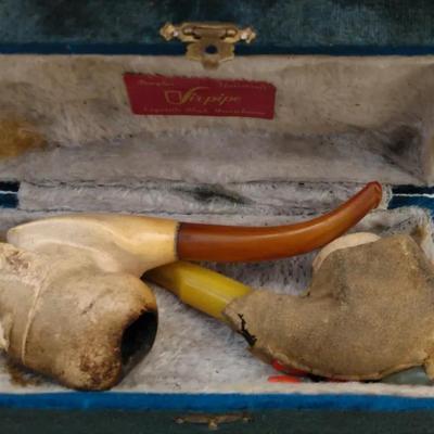 Vintage Stripes Meerschaum Pipe Set with Carved Face Bowl & Original Velvet Case
