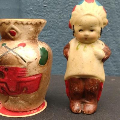 Pair of Vintage “Indian Symbols” Chalkware Figurines – Labeled Tourist Souvenirs
