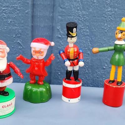 Set of 4 Vintage Christmas Push Puppets – Santa, Mrs. Claus, Toy Soldier & Elf
