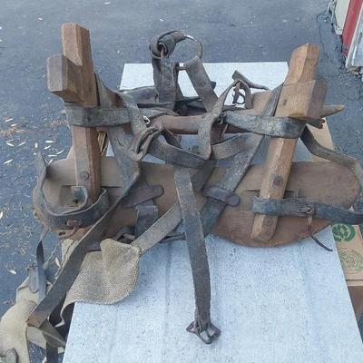 Vintage Wooden Horse Harness Saddle with Leather Straps & Burlap Lead
