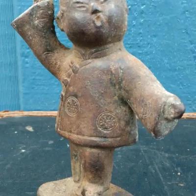 Antique Cast Metal Asian Child Figurine – Rustic Patina

