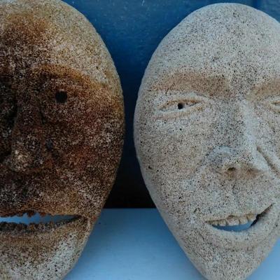Pair of Carved Coral or Bone Faces – Primitive Folk Art Wall Masks
