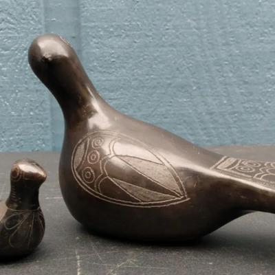 Pair of Hand-Carved Black Clay Birds – In the Style of Mexican Guerrero Folk Art

