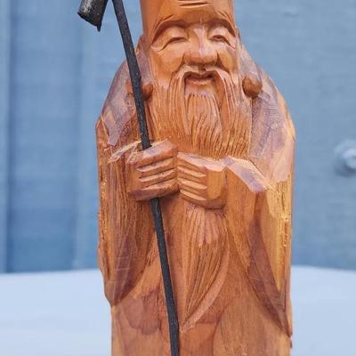 Hand-Carved Wooden Chinese Elder Figurine with Staff
