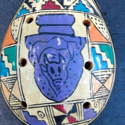 Southwest Native American Clay Ocarina Flute – Handpainted Geometric Design
