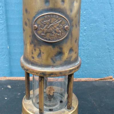 Vintage Brass Miner’s Lamp – Wales Cymru Dragon Emblem
