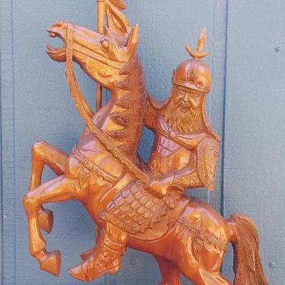Hand-Carved Eucalyptus Wood, Chinese Warrior on Horseback Signed Artist Sculpture 4 FT++ Tall!
