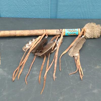 Decorative Antler & Feather Talking Stick with Hand-Beaded Tribal Pattern
