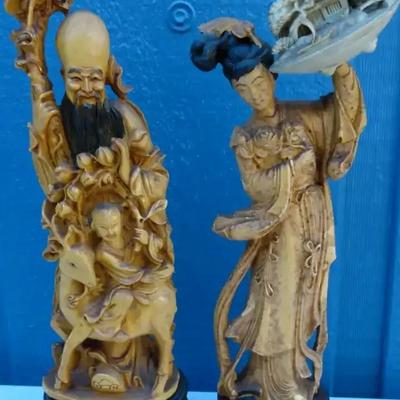 Pair of Vintage Asian Carved Figurines on Wooden Bases – Elder & Lady Figures
